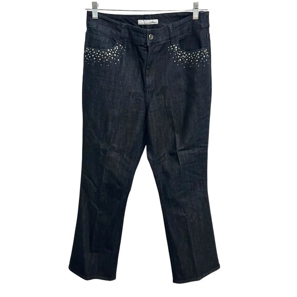 Chicos Platinum Dark Wash Bootcut Jeans Studded Pockets Size 10 Short - Picture 1 of 9